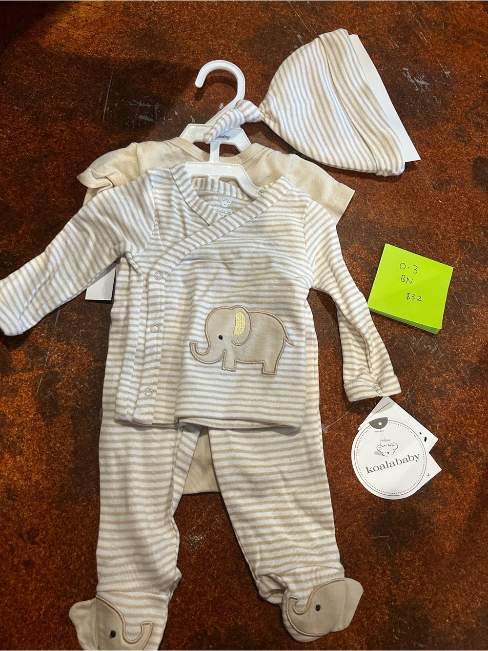 Koala Kids-Infant Cream & White Striped Elephant 4 Piece Pajama Set